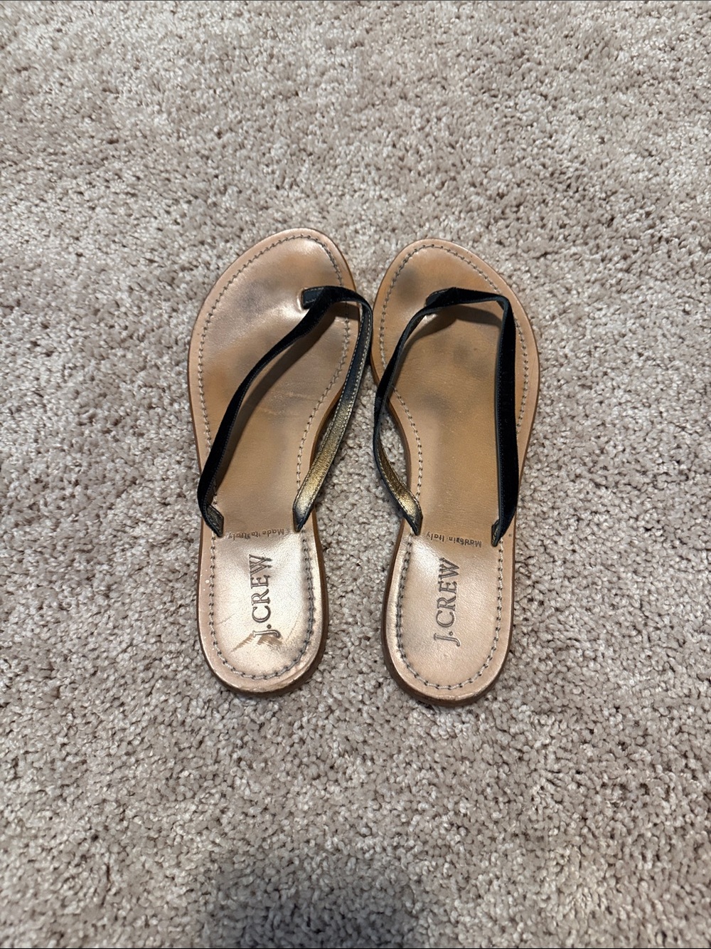 J. Crew Leather Flip Flop Sandals in Tan with Black velvet Straps